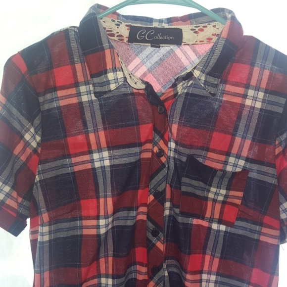 Long plaid short sleeve shirt blouse top button - Picture 2 of 3